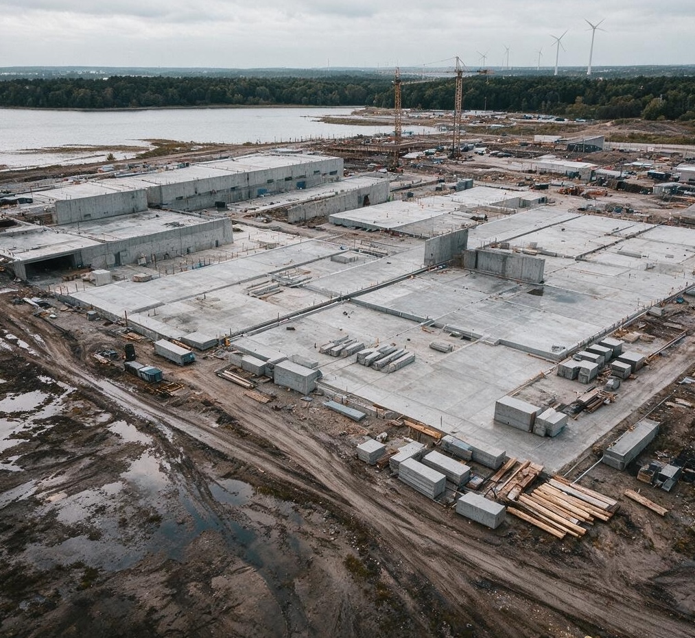 An aerial view of a large construction site: precast units stacked in rows around a poured foundation, tower cranes working at the edges.