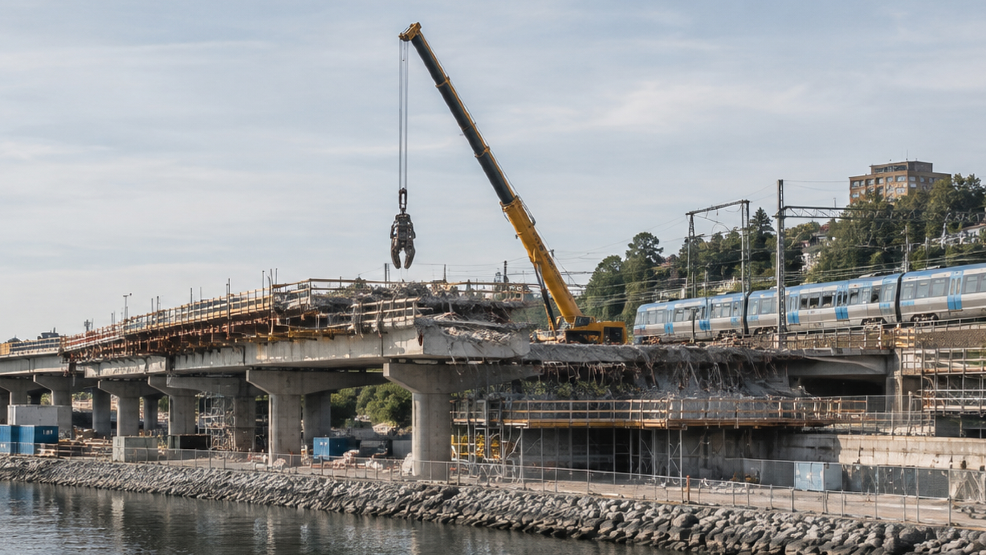 A road viaduct being demolished beside a working railway and a city waterway, a mobile crane reaching over the opened deck.