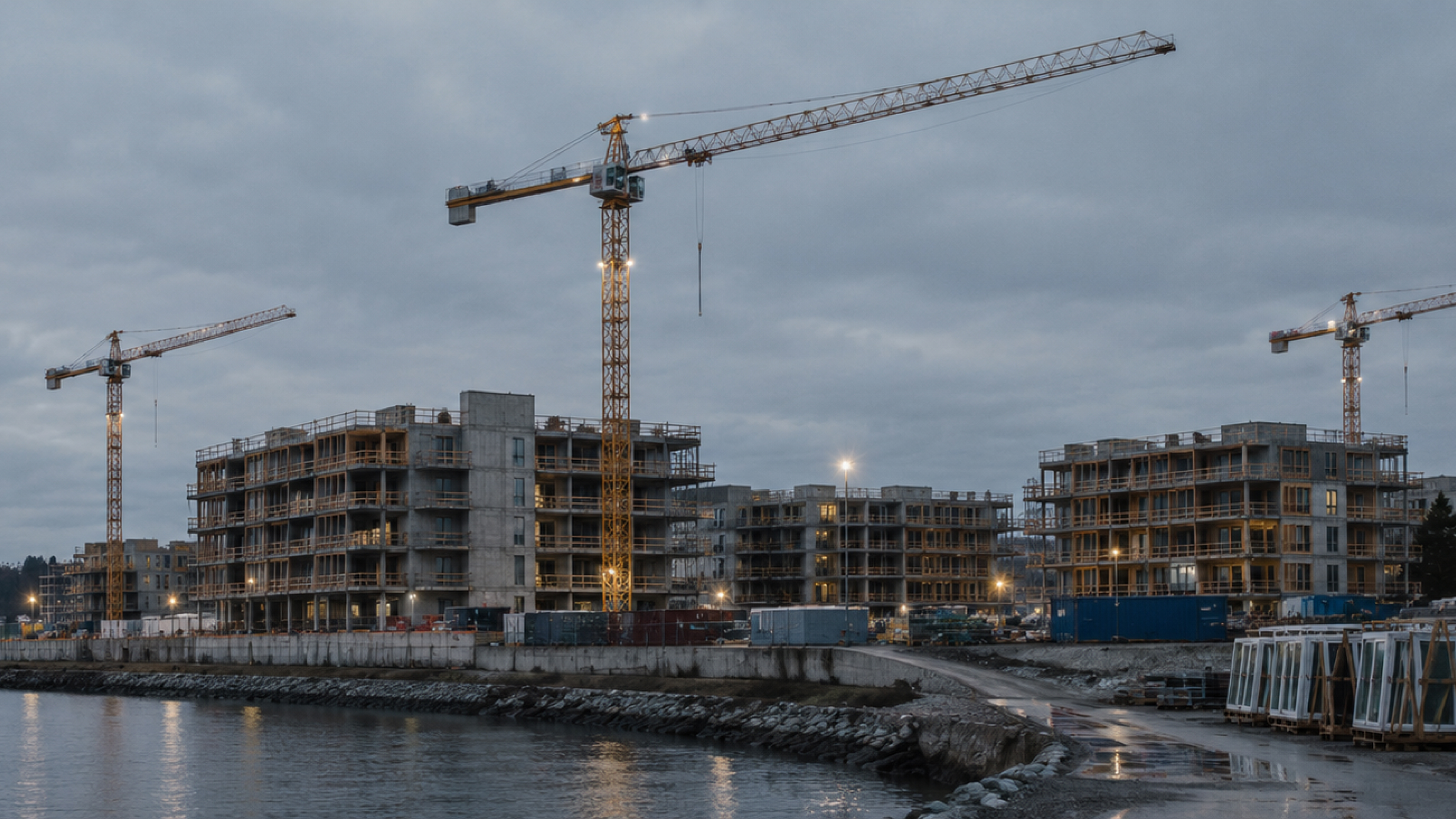 Tower cranes standing over part-built apartment blocks at dusk.